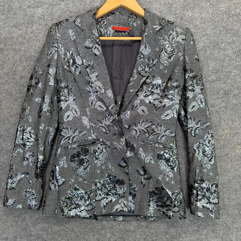Alice + Olivia Macey Floral Metallic Embellished Blazer Jacket Silk Wool Medium